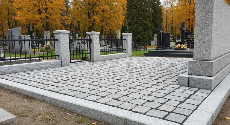 Благоустройство захоронений в Краснодаре — мощение гранитной плиткой, цоколь и ограда на ухоженном участке
