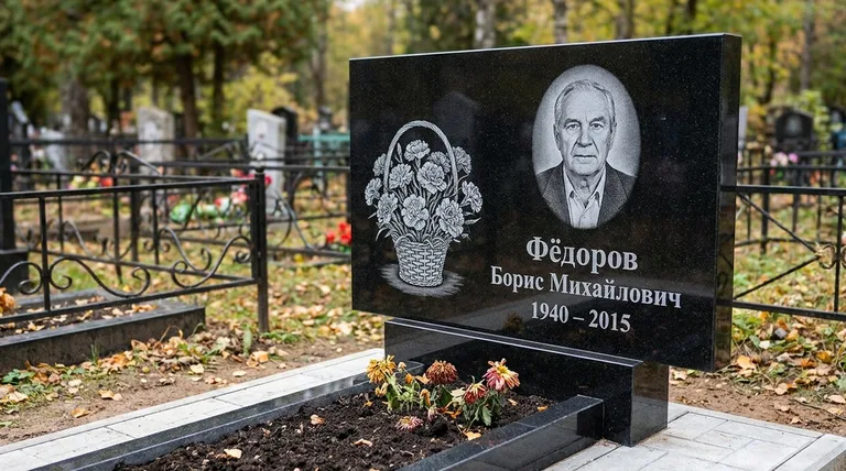 Памятник с гравировкой гвоздик — выполненная работа «Фёдоров» в Краснодаре