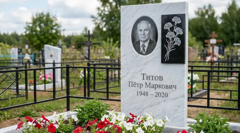 Памятник с гравировкой гвоздик — выполненная работа «Титов» в Краснодаре