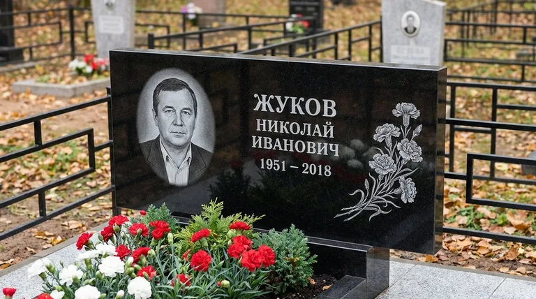 Памятник с гравировкой гвоздик — выполненная работа «Жуков» в Краснодаре