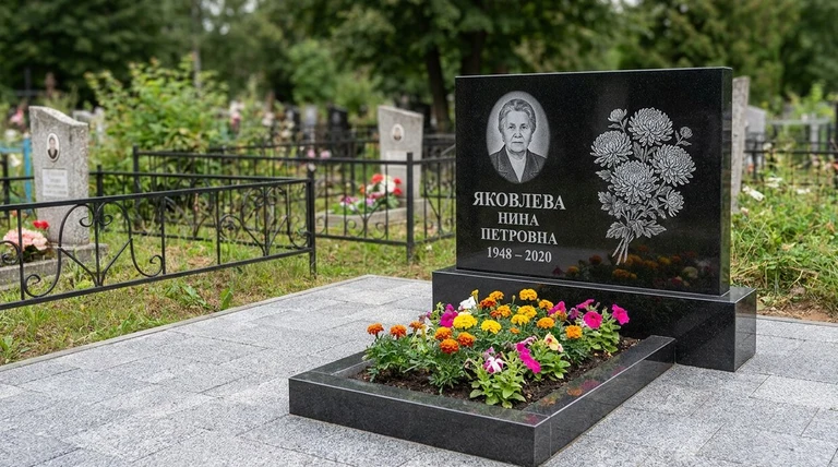 Гравировка хризантем на памятник в Краснодаре — пример работы на граните