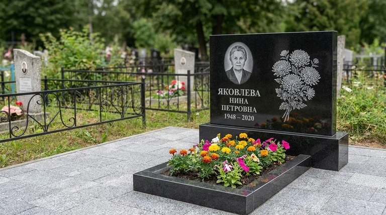 Памятник с гравировкой хризантем — выполненная работа «Соколов» в Краснодаре