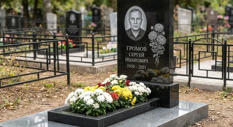 Памятник с гравировкой хризантем — выполненная работа «Громов» в Краснодаре