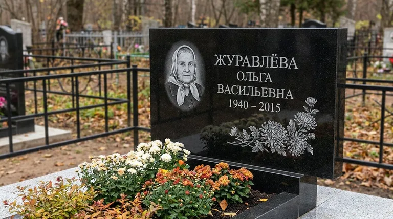 Памятник с гравировкой хризантем — выполненная работа «Журавлёва» в Краснодаре