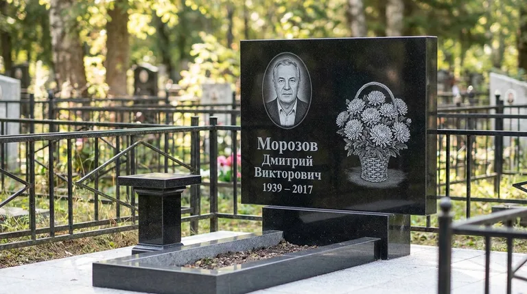 Памятник с гравировкой хризантем — выполненная работа «Морозов» в Краснодаре
