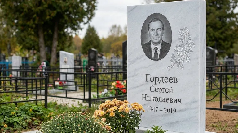 Памятник с гравировкой хризантем — выполненная работа «Гордеев» в Краснодаре