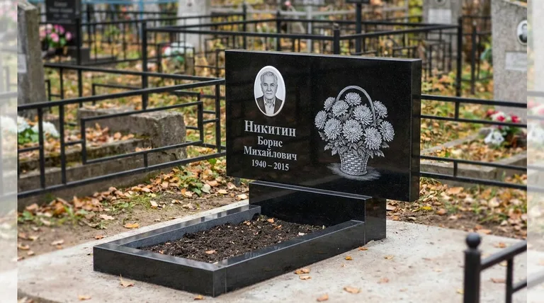 Памятник с гравировкой хризантем — выполненная работа «Никитин» в Краснодаре