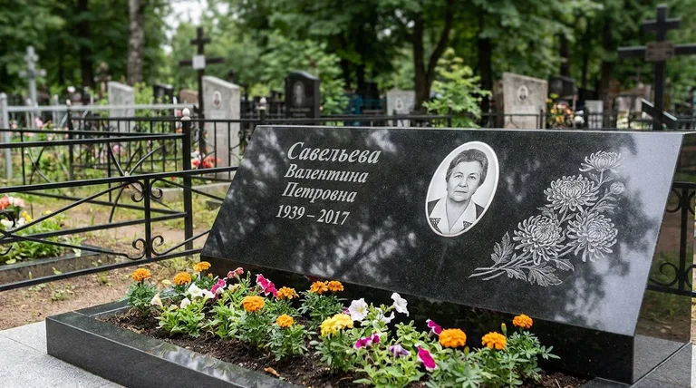 Памятник с гравировкой хризантем — выполненная работа «Савельева» в Краснодаре