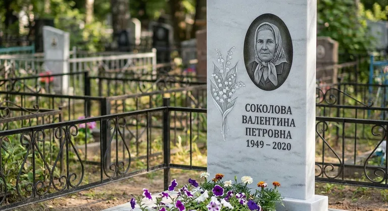 Памятник с гравировкой ландышей — выполненная работа «Соколова» в Краснодаре