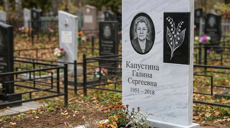 Памятник с гравировкой ландышей — выполненная работа «Капустина» в Краснодаре