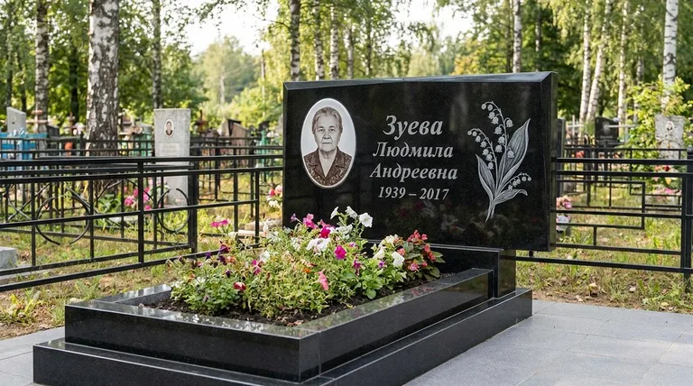 Памятник с гравировкой ландышей — выполненная работа «Зуева» в Краснодаре