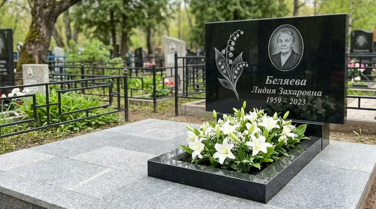 Памятник с гравировкой ландышей — выполненная работа «Беляева» в Краснодаре