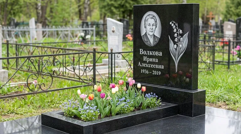 Памятник с гравировкой ландышей — выполненная работа «Волкова» в Краснодаре