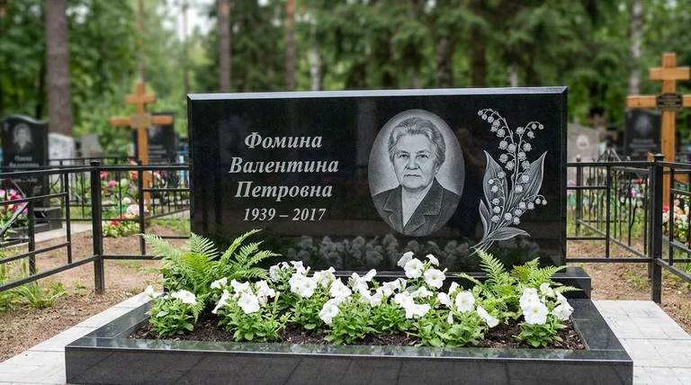 Памятник с гравировкой ландышей — выполненная работа «Фомина» в Краснодаре