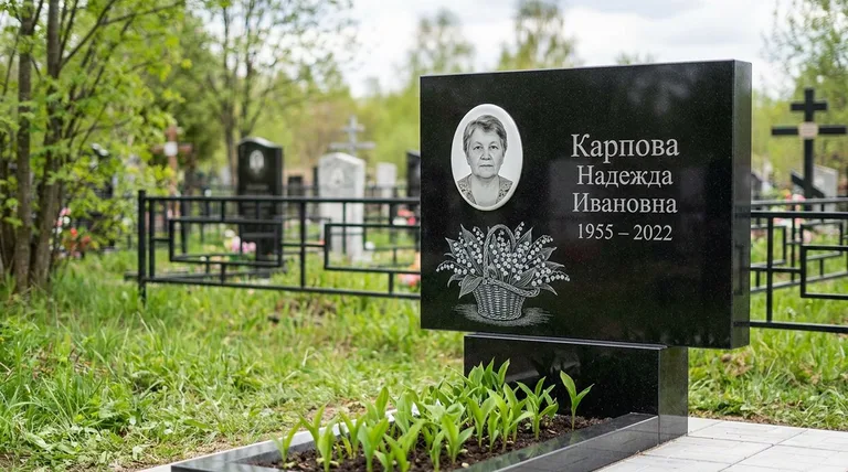 Памятник с гравировкой ландышей — выполненная работа «Карпова» в Краснодаре