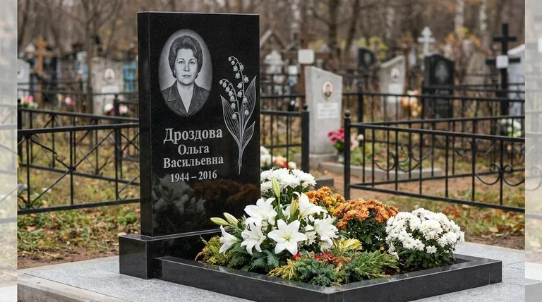 Памятник с гравировкой ландышей — выполненная работа «Дроздова» в Краснодаре