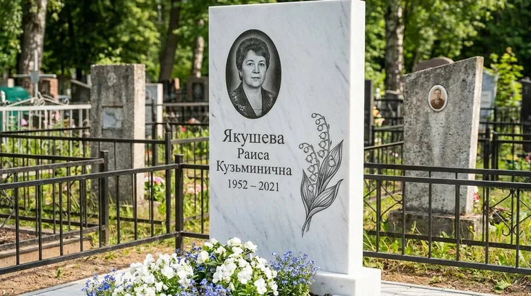 Памятник с гравировкой ландышей — выполненная работа «Якушева» в Краснодаре