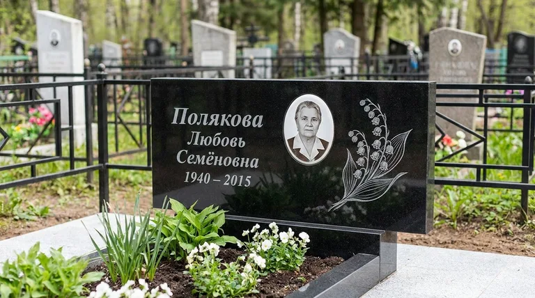 Памятник с гравировкой ландышей — выполненная работа «Полякова» в Краснодаре