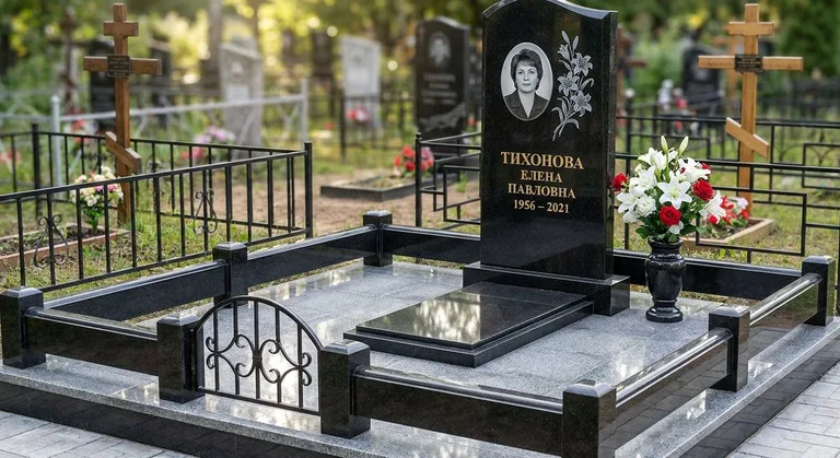 Памятник с гравировкой лилий — выполненная работа «Тихонова» в Краснодаре