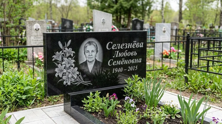 Памятник с гравировкой лилий — выполненная работа «Селезнёва» в Краснодаре
