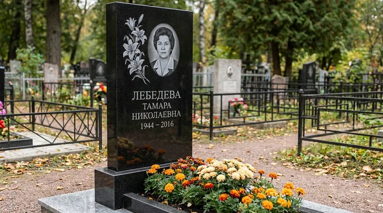 Памятник с гравировкой лилий — выполненная работа «Лебедева» в Краснодаре