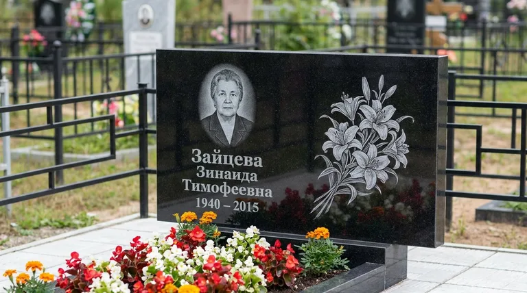 Памятник с гравировкой лилий — выполненная работа «Зайцева» в Краснодаре
