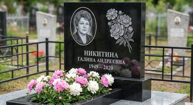 Памятник с гравировкой пионов — выполненная работа «Никитина» в Краснодаре