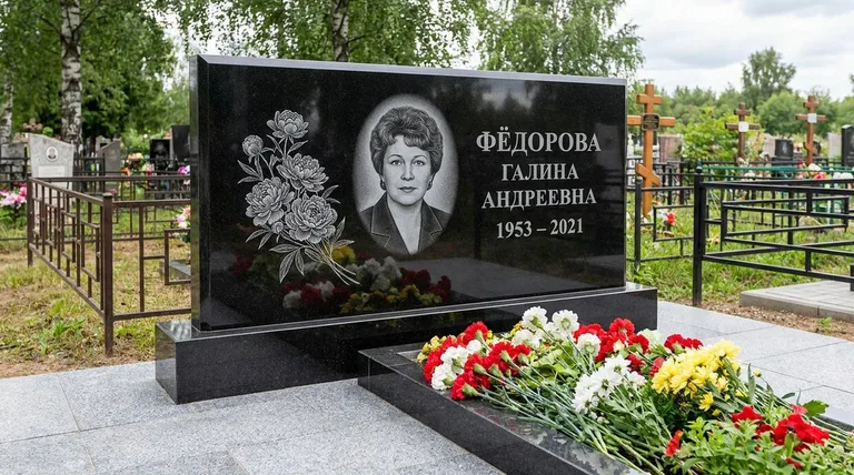 Памятник с гравировкой пионов — выполненная работа «Фёдорова» в Краснодаре
