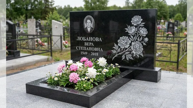 Памятник с гравировкой пионов — выполненная работа «Лобанова» в Краснодаре