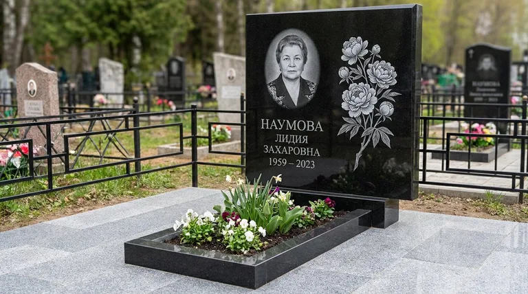 Памятник с гравировкой пионов — выполненная работа «Наумова» в Краснодаре