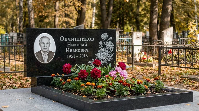 Памятник с гравировкой пионов — выполненная работа «Овчинников» в Краснодаре
