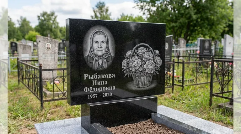 Памятник с гравировкой пионов — выполненная работа «Рыбакова» в Краснодаре