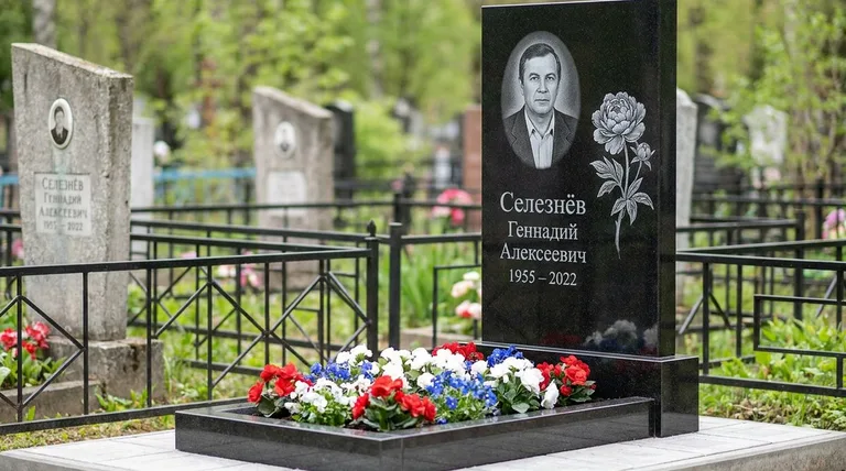 Памятник с гравировкой пионов — выполненная работа «Селезнёв» в Краснодаре