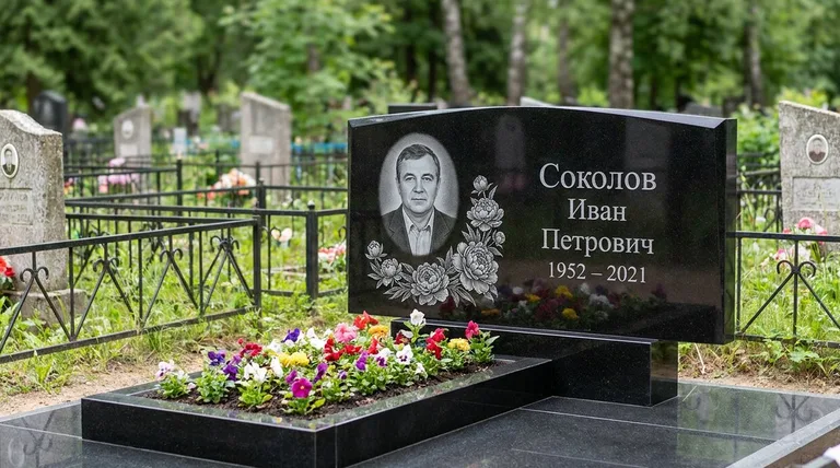 Памятник с гравировкой пионов — выполненная работа «Соколов» в Краснодаре