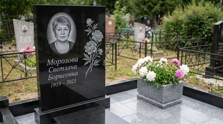 Памятник с гравировкой пионов — выполненная работа «Морозова» в Краснодаре