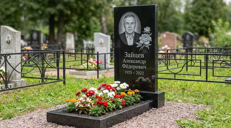 Памятник с гравировкой пионов — выполненная работа «Зайцев» в Краснодаре