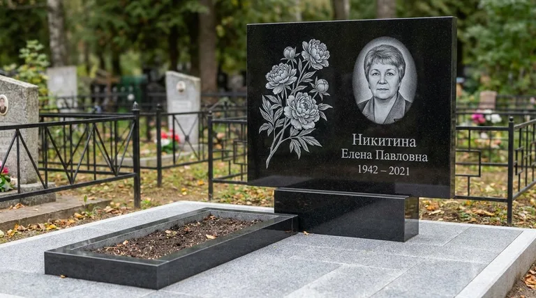 Памятник с гравировкой пионов — выполненная работа «Никитина» в Краснодаре