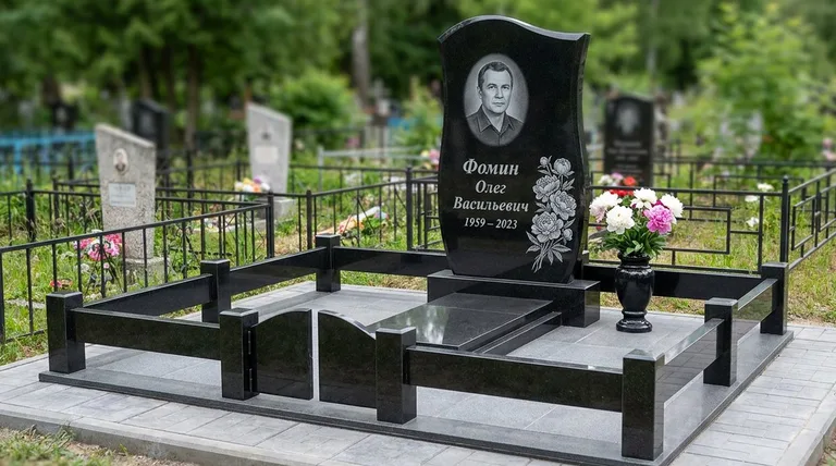Памятник с гравировкой пионов — выполненная работа «Фомин» в Краснодаре