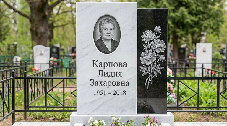 Памятник с гравировкой пионов — выполненная работа «Карпова» в Краснодаре
