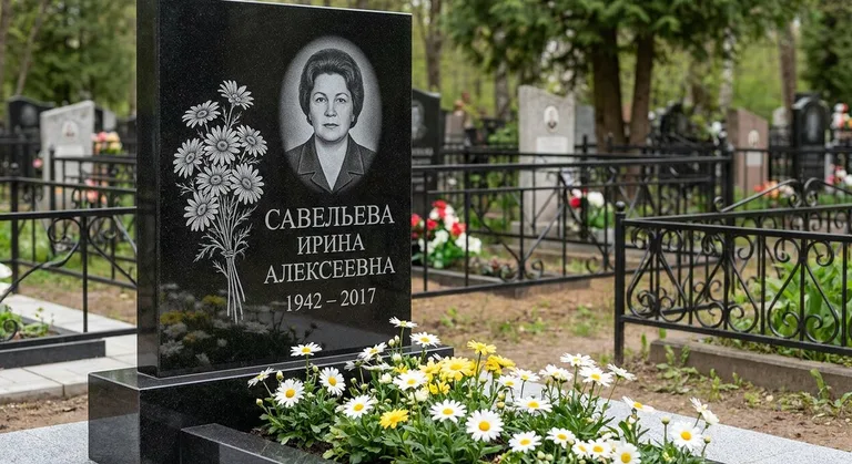 Памятник с гравировкой ромашек — выполненная работа «Савельева» в Краснодаре