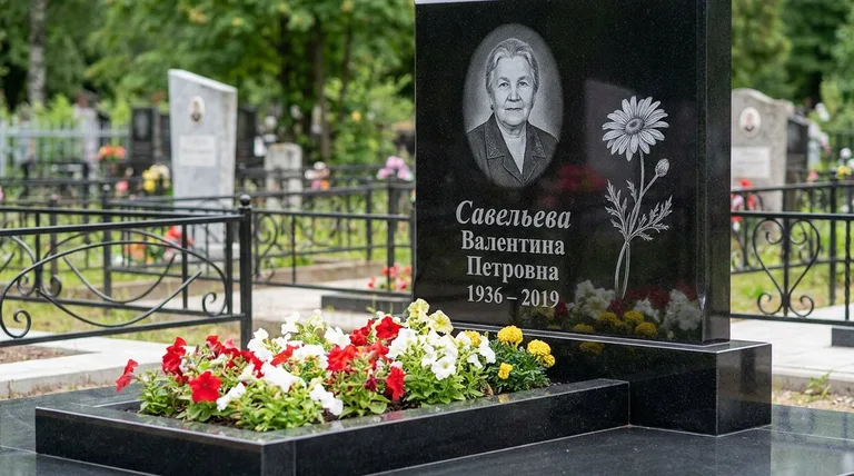 Памятник с гравировкой ромашек — выполненная работа «Савельева» в Краснодаре