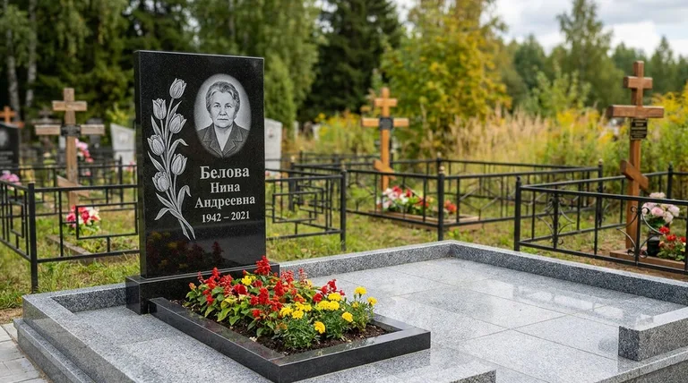 Памятник с гравировкой тюльпанов — выполненная работа «Белова» в Краснодаре