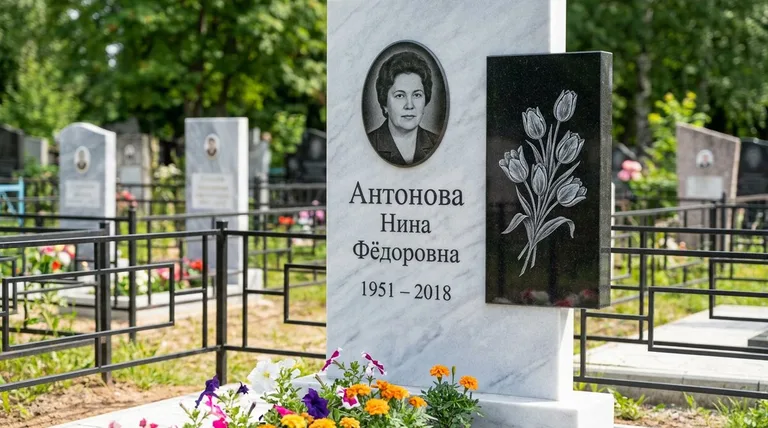 Памятник с гравировкой тюльпанов — выполненная работа «Антонова» в Краснодаре