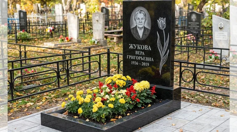 Памятник с гравировкой тюльпанов — выполненная работа «Жукова» в Краснодаре