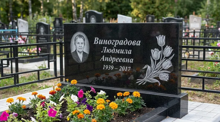 Памятник с гравировкой тюльпанов — выполненная работа «Виноградова» в Краснодаре