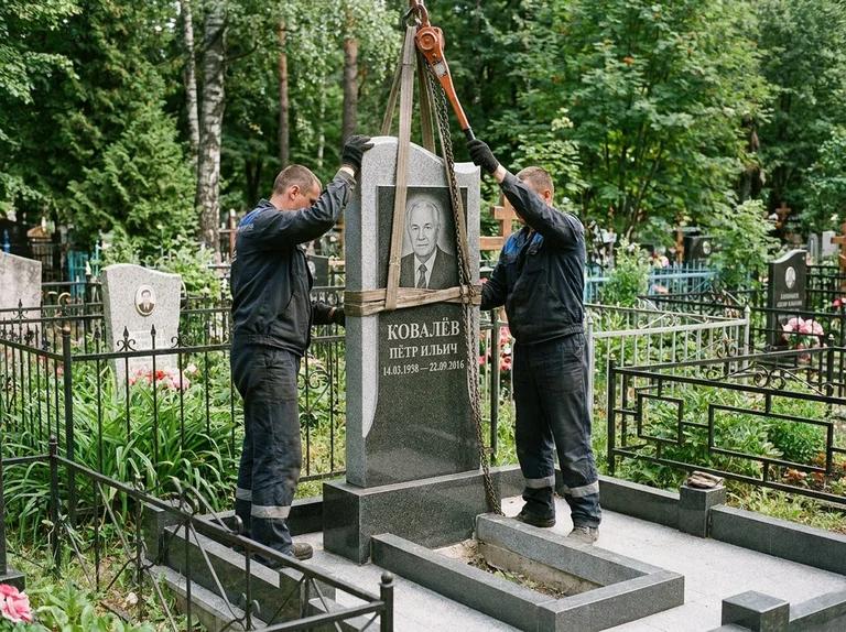 Демонтаж памятника на кладбище в Краснодаре — бригада аккуратно снимает старый гранитный памятник с могилы