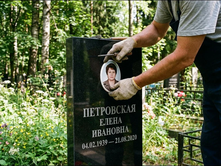 Фото на керамике на памятник в Краснодаре — мастер устанавливает овальный керамический портрет на гранитный памятник