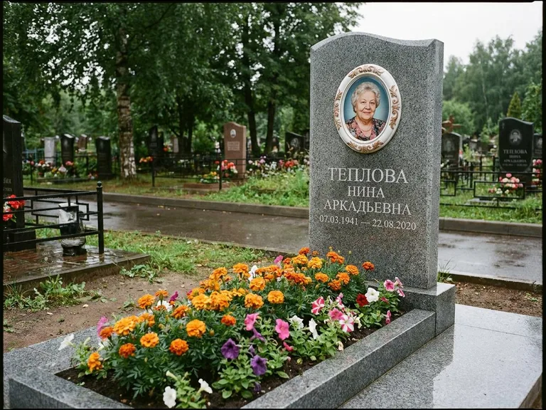 Керамический портрет на памятнике с цветами в Краснодаре