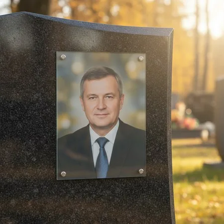 Портрет на стекле на держателях на чёрном граните в Краснодаре