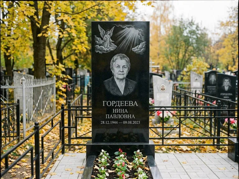 Памятник с гравировкой ангела — гравировка ангела в облаках с лучами над портретом, работа «Гордеева» в Краснодаре